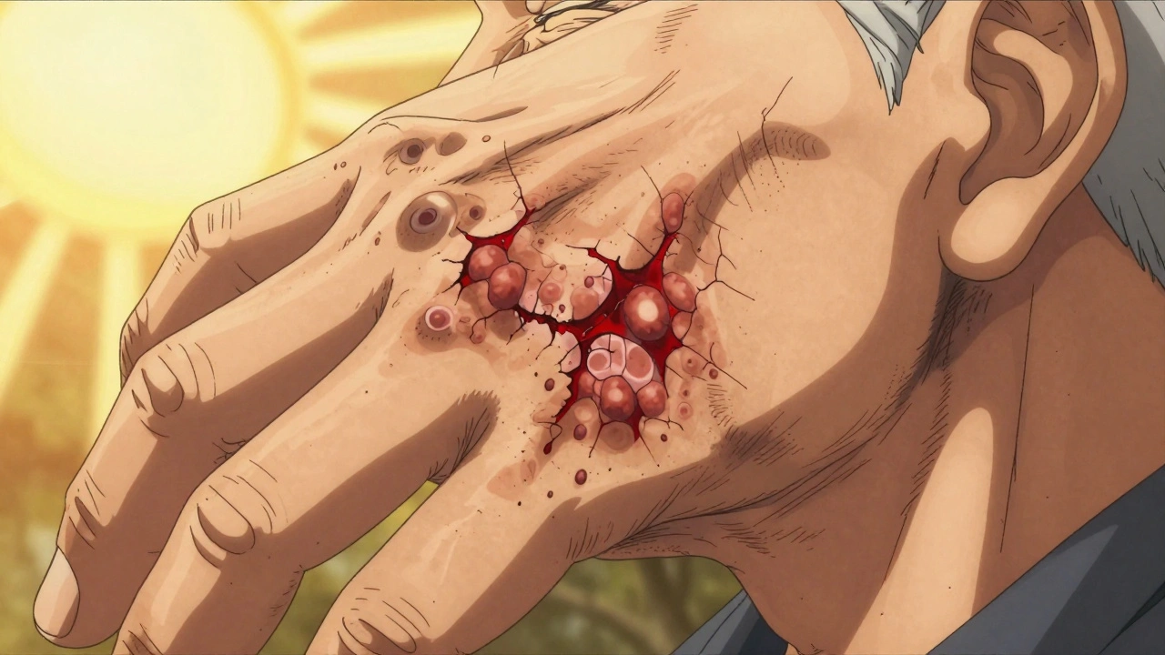 A red, scaly lesion on an elderly man&#039;s hand, with cracked texture and faint bleeding, under strong sunlight.