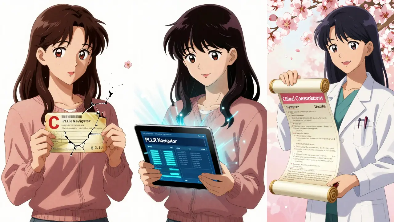 A woman’s journey from outdated drug letter to modern FDA label, shown in three anime-style panels with symbolic blossoms and glowing data.