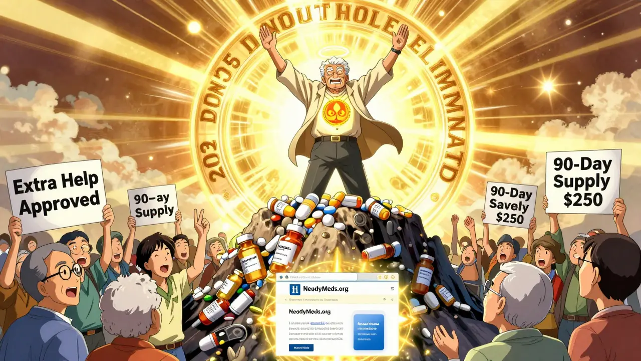 An elderly man standing triumphantly as a golden portal labeled '2025 Donut Hole Eliminated' opens behind him.