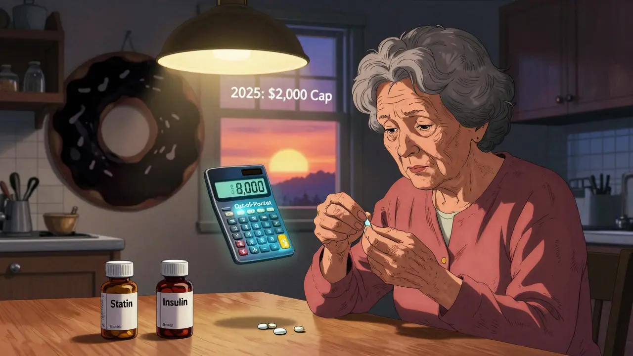 An older woman splitting a pill at her kitchen table, with floating financial countdown and empty medicine bottles.