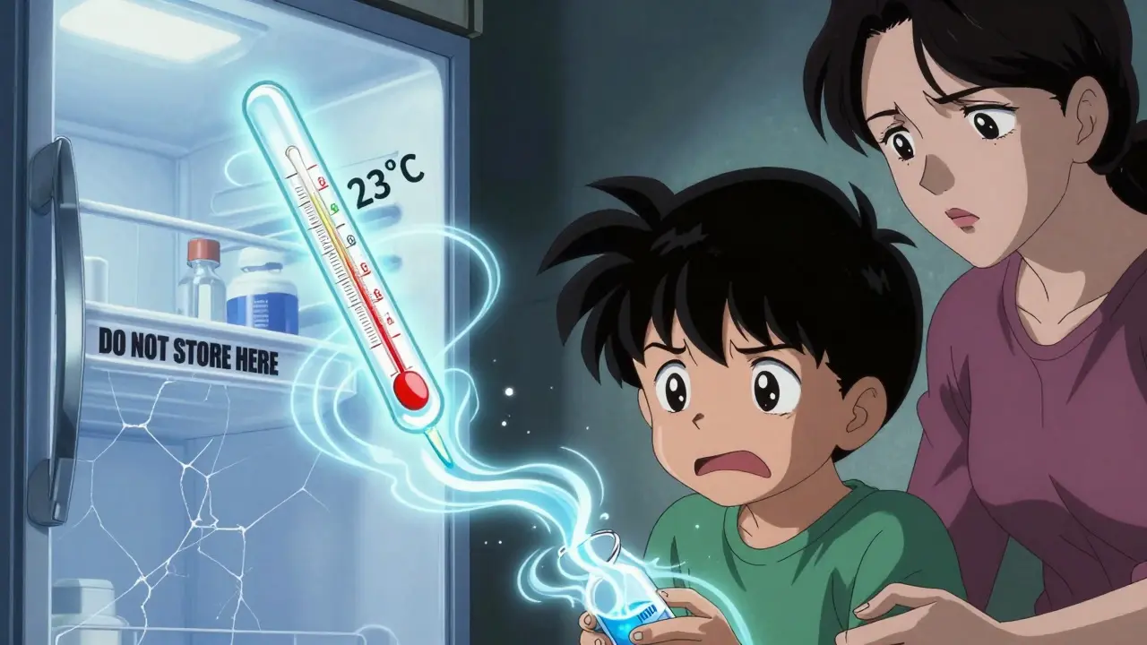 Child taking liquid antibiotic at room temperature with glowing thermometer nearby