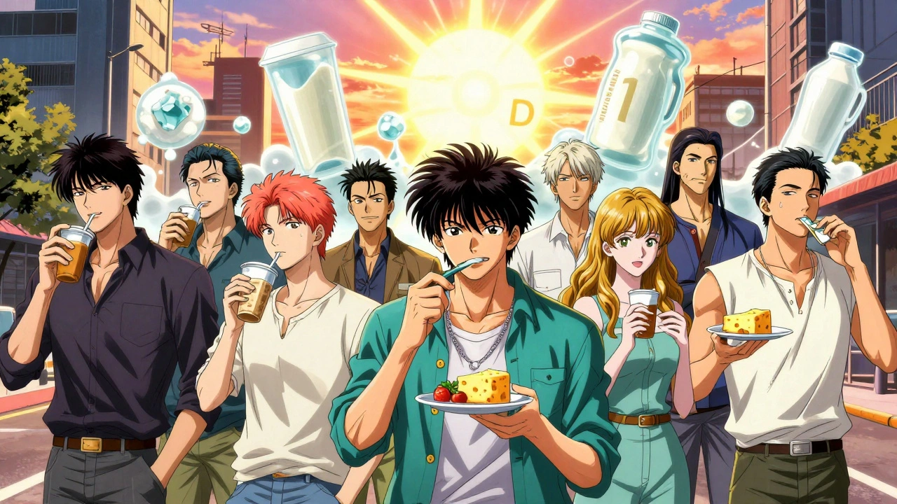 Diverse people enjoying lactose-free foods with calcium and vitamin D energy beams in the background.