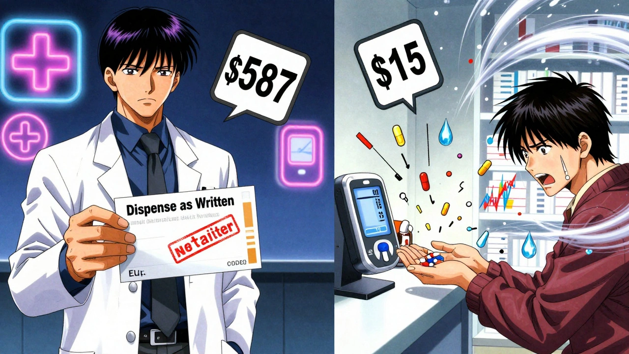 Doctor and pharmacist exchanging prescriptions with floating price tags and glucose graphs swirling around them.