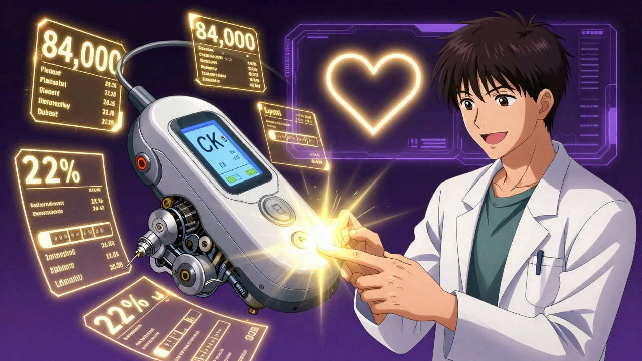 Doctor using instant CK device as digital stats float around, symbolizing improved statin safety.