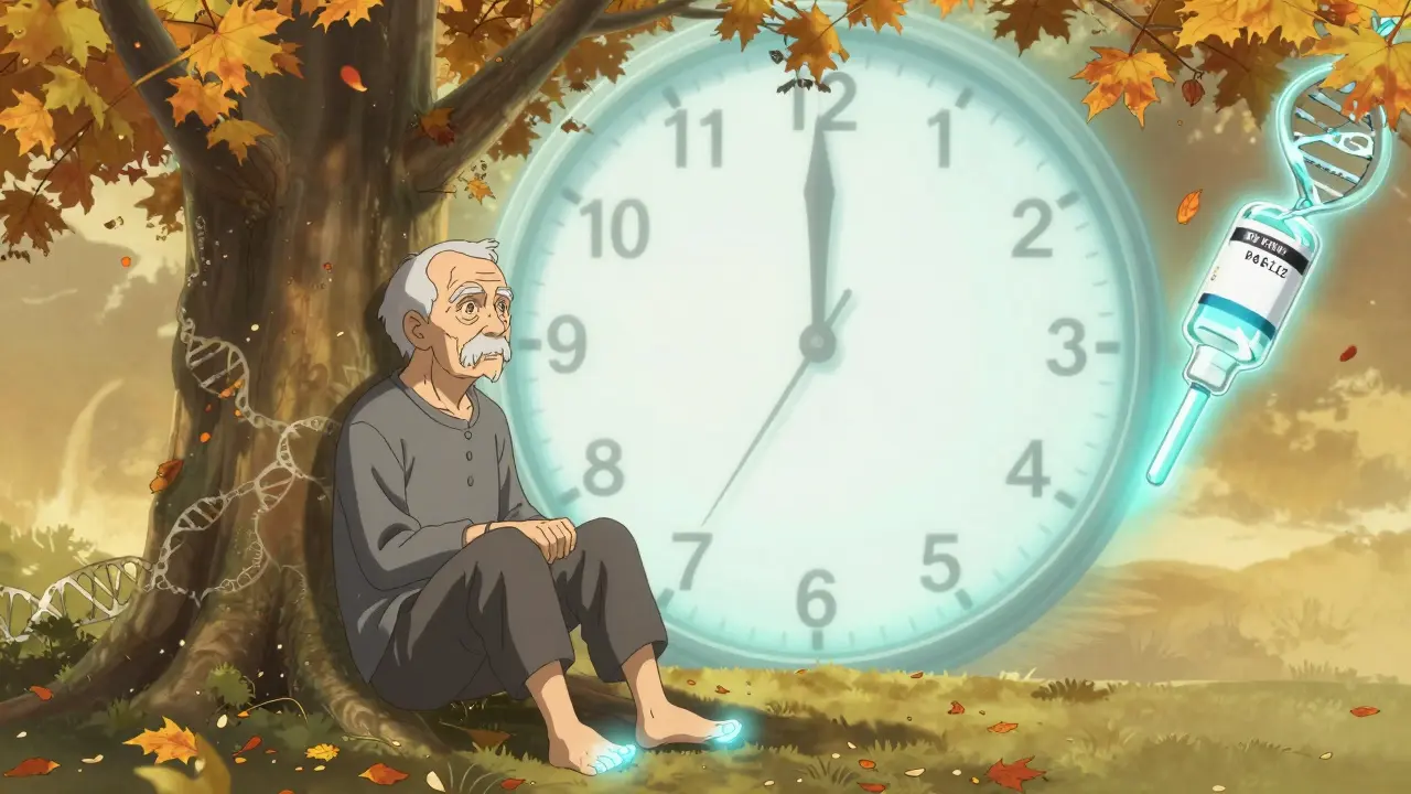 Elderly patient with glowing numb toes, giant clock showing 526 days for interferon-induced neuropathy.