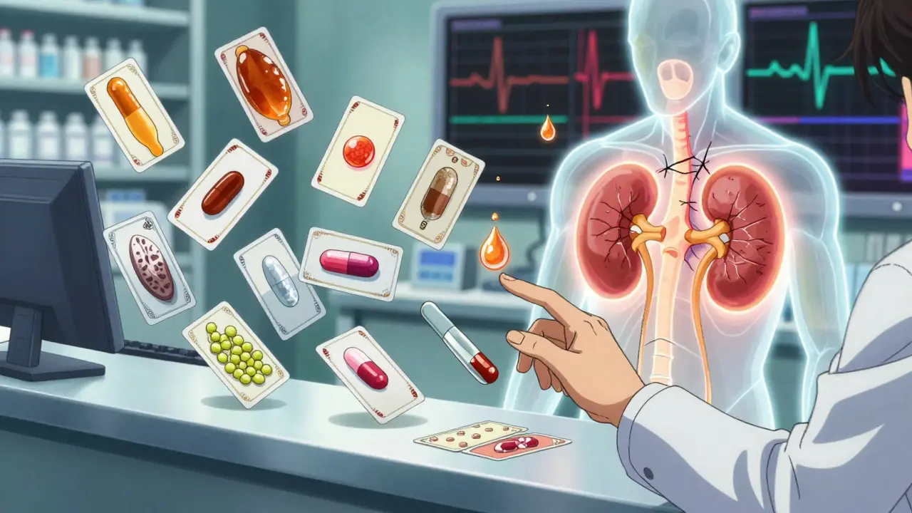 Fourteen different generic tacrolimus tablets float above a pharmacy counter, one kidney inside a transparent body shows cracks as grapefruit droplets hover dangerously.