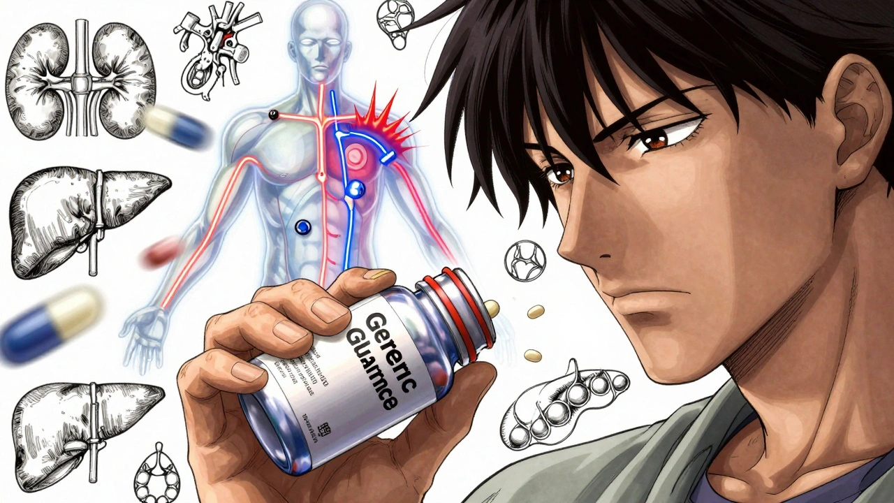 Hand opening a generic diabetes pill bottle with glowing glucose levels visualized inside the body.