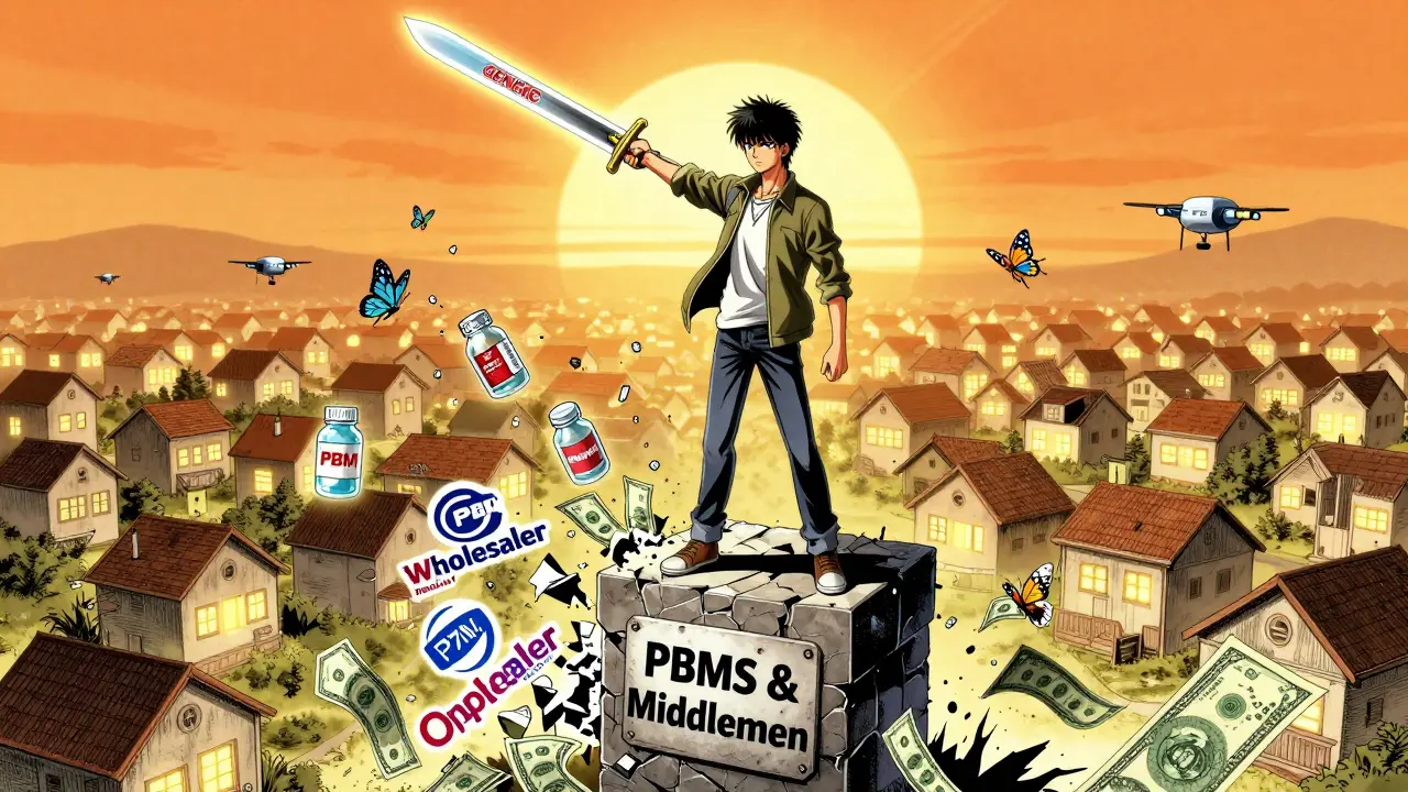 Hero standing on broken pharmacy intermediaries, wielding a pill-shaped sword as prices turn to butterflies.