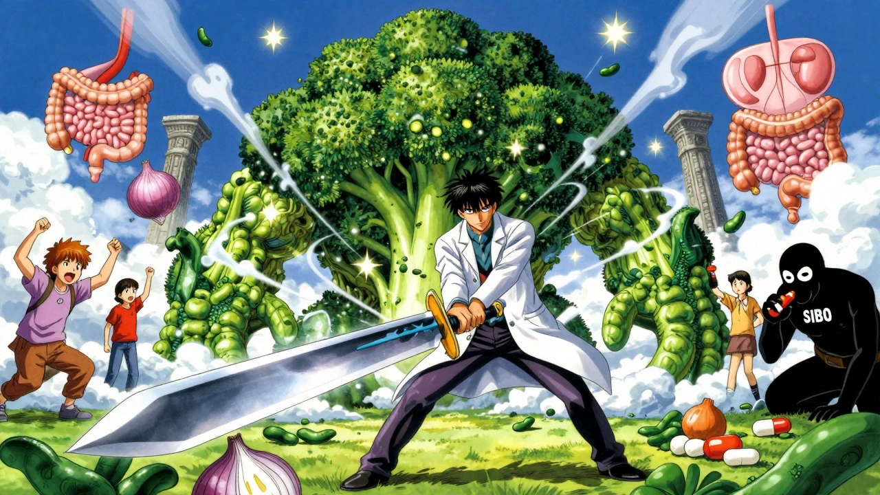 Hero wielding lactase sword defeating a FODMAP monster, with relieved patients and lurking SIBO shadow.