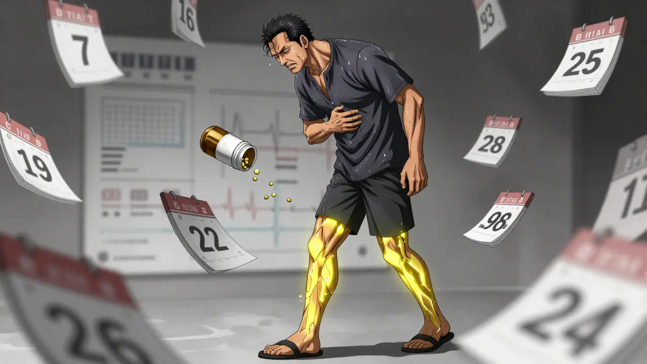 Man experiencing muscle pain from statins, with calendar pages flipping from day 7 to day 28.