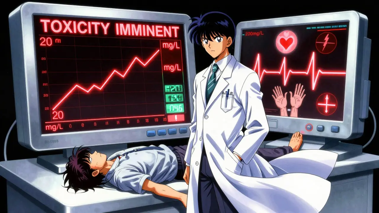 Medical technician confronting a rising toxic theophylline level on a monitor as a patient collapses in slow motion.