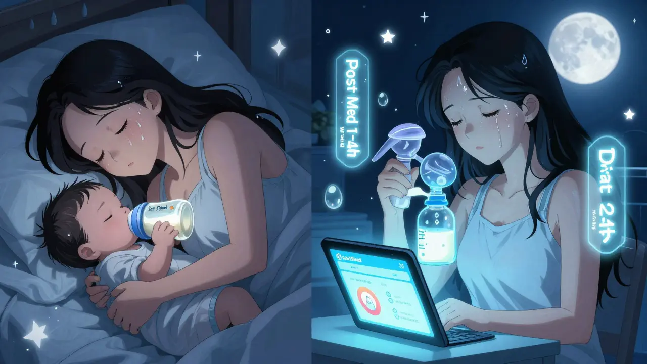 Mother pumping at night with safety info displayed on tablet beside her