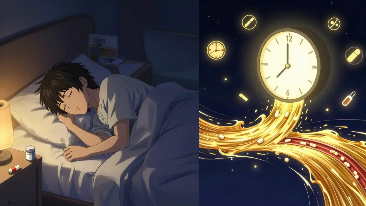 Nighttime scene showing safe fiber timing with glowing medication absorption and a clock marking two hours.