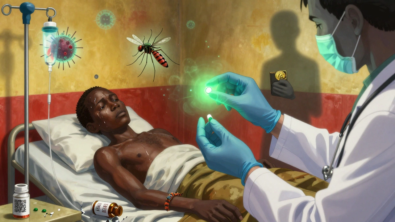 Patient in African clinic holding a glowing fake antimalarial pill as ghostly images surround them.