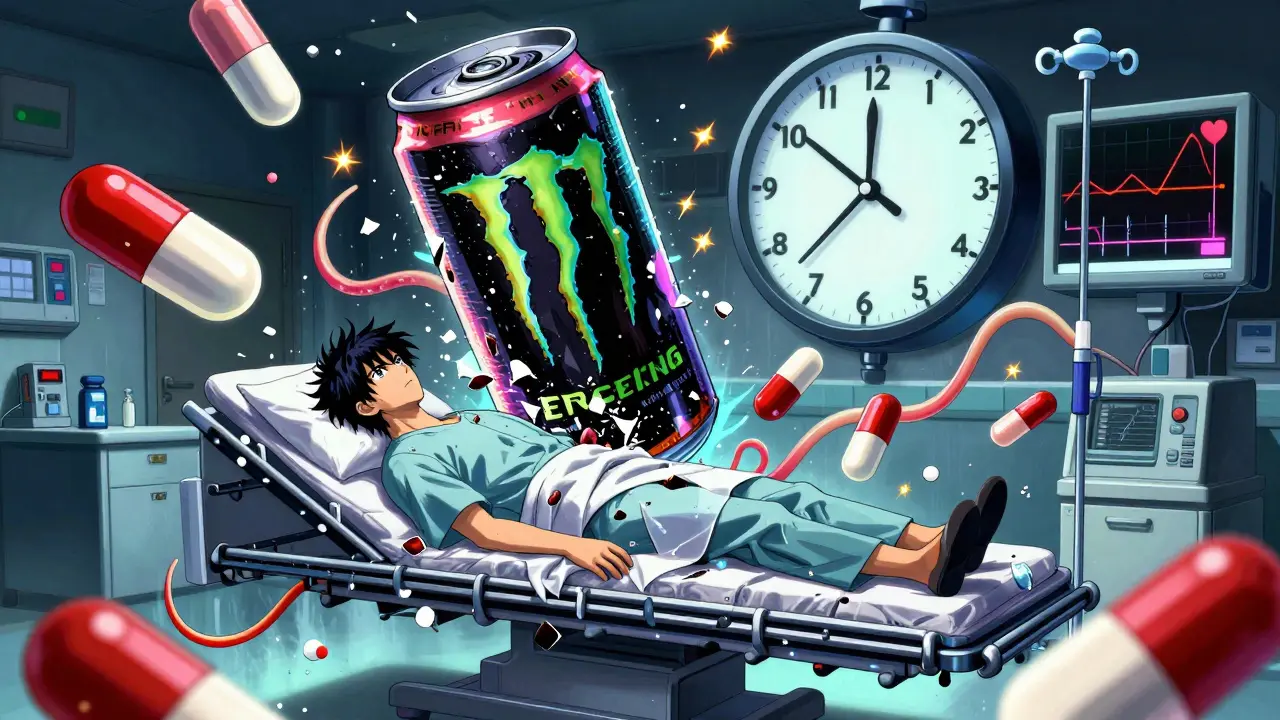 Patient on gurney surrounded by shattered pills and a monstrous energy drink, heart monitor flatlining.