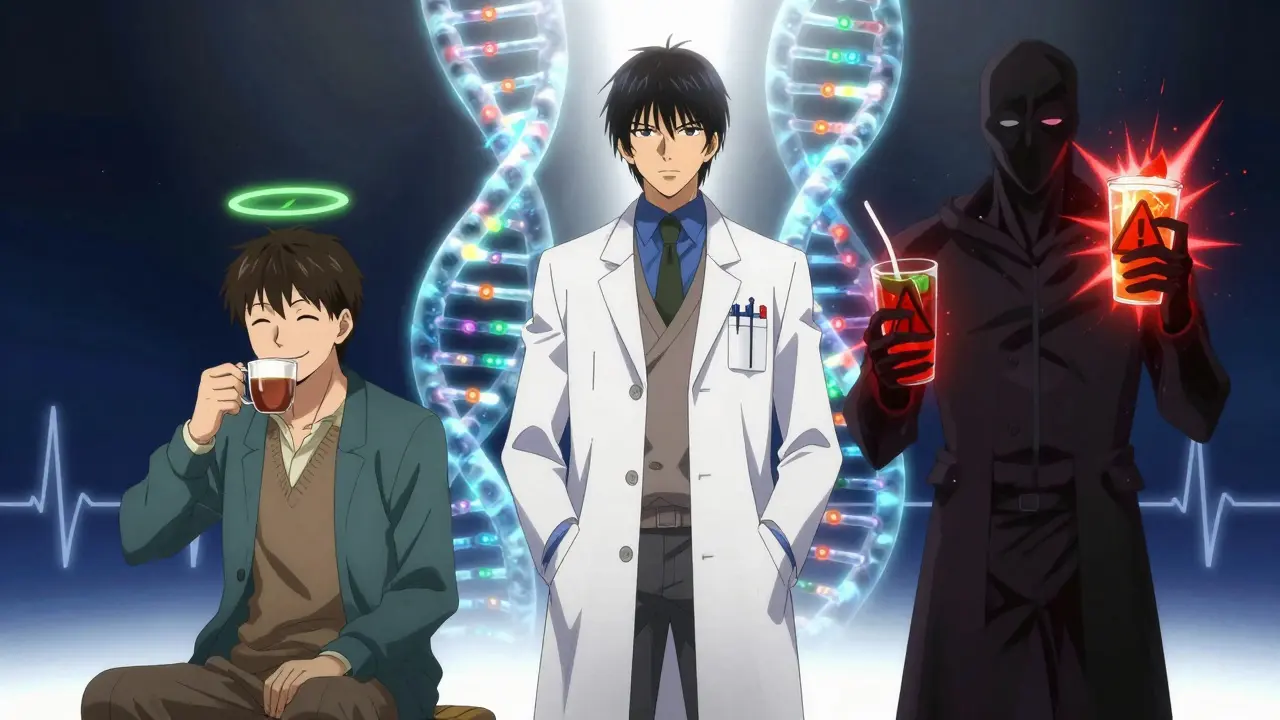 Pharmacist between safe and dangerous caffeine use, with genetic helix glowing in background.