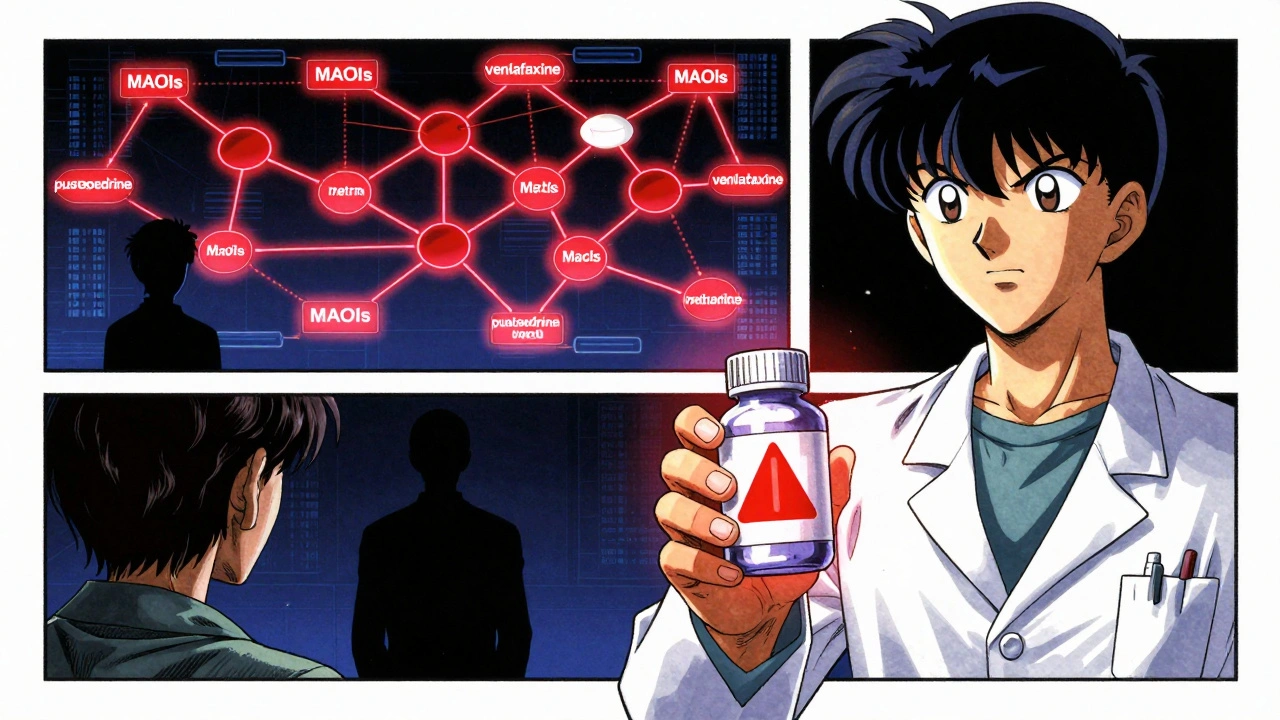 Pharmacist giving cold medicine to patient while digital drug interaction chains glow red in the background.