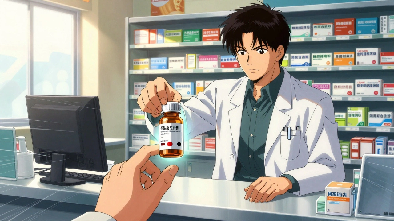 Pharmacist handing an unmarked pill bottle to a patient, with the brand-name version glowing beside it.