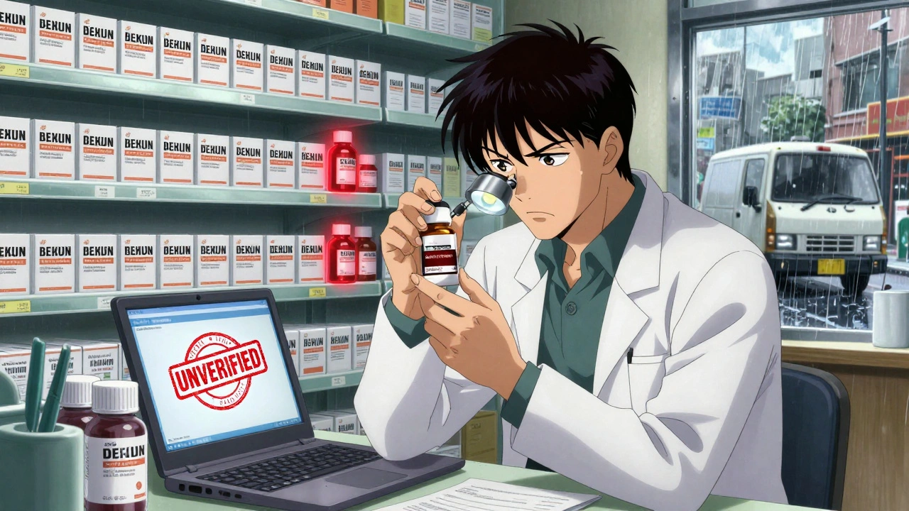 Pharmacist inspecting a generic drug bottle with a warning glow, surrounded by identical boxes.