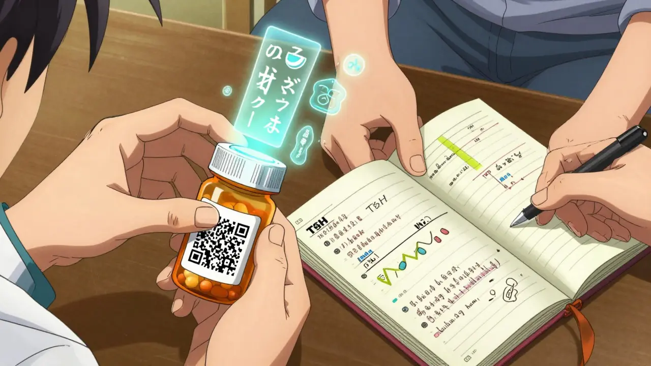 Pharmacist scanning QR code from pill bottle while patient presents a detailed medication journal
