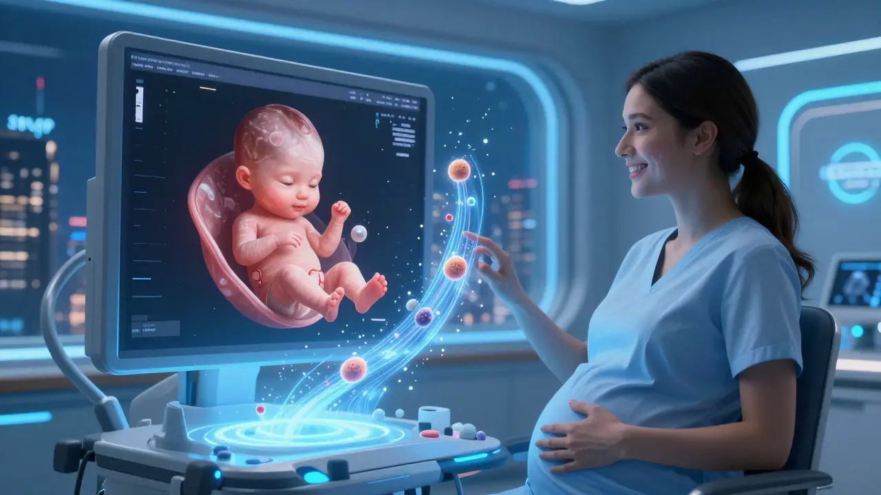 Pregnant woman viewing a holographic baby with statin molecules dissolving nearby, neon ultrasound room with StAmP trial logo in background.