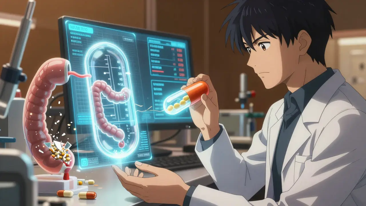 Scientists observing a time-release fiber capsule in a glowing intestinal model with holographic data.