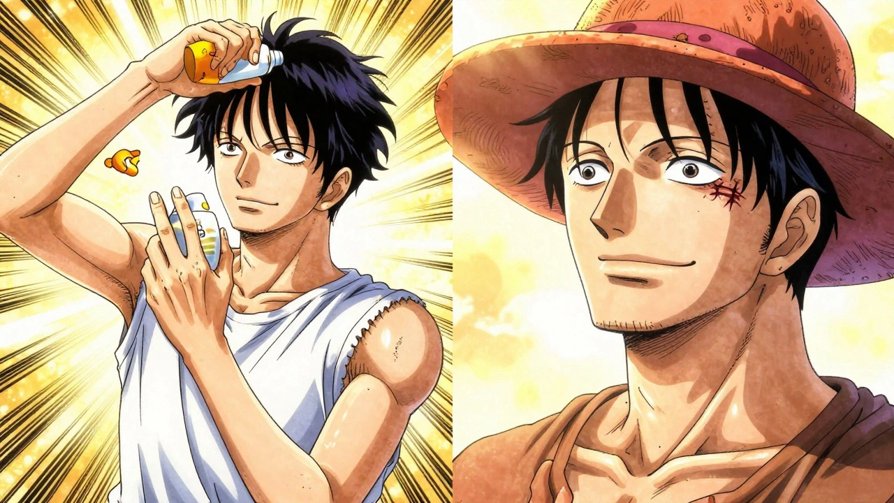 Split image: young person applying sunscreen and older version with healed scar, both under golden sun, symbolizing prevention.