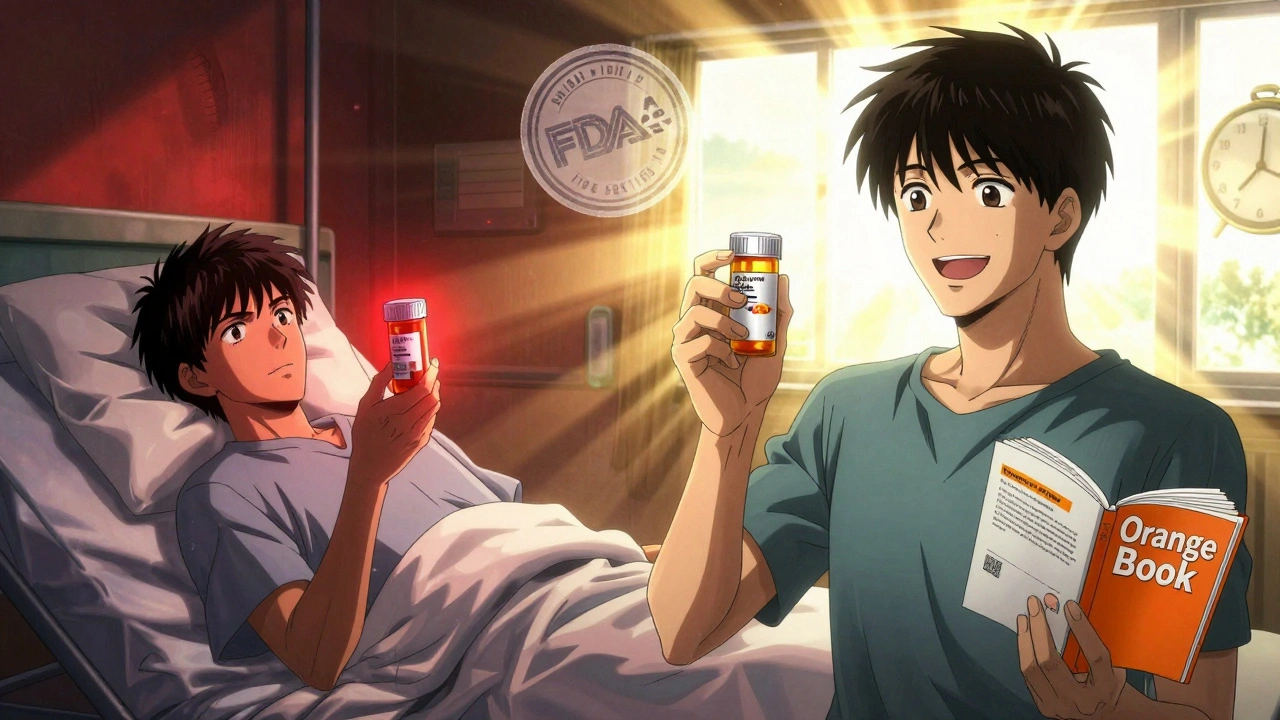 Split scene: anxious patient with expensive pill vs. calm patient with generic version, sunlight and FDA stamp in background.