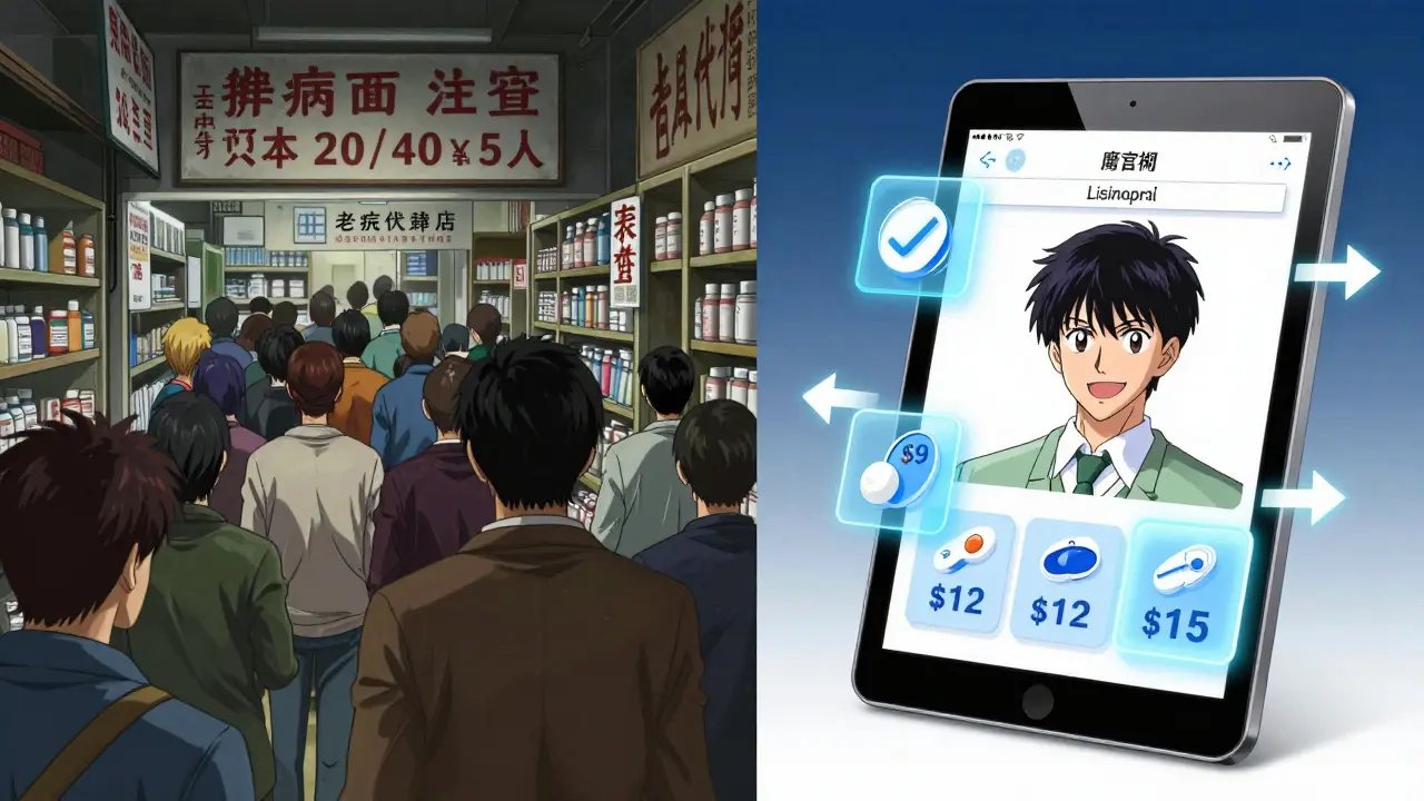 Split scene: chaotic traditional pharmacy vs. clean digital interface showing low drug prices.