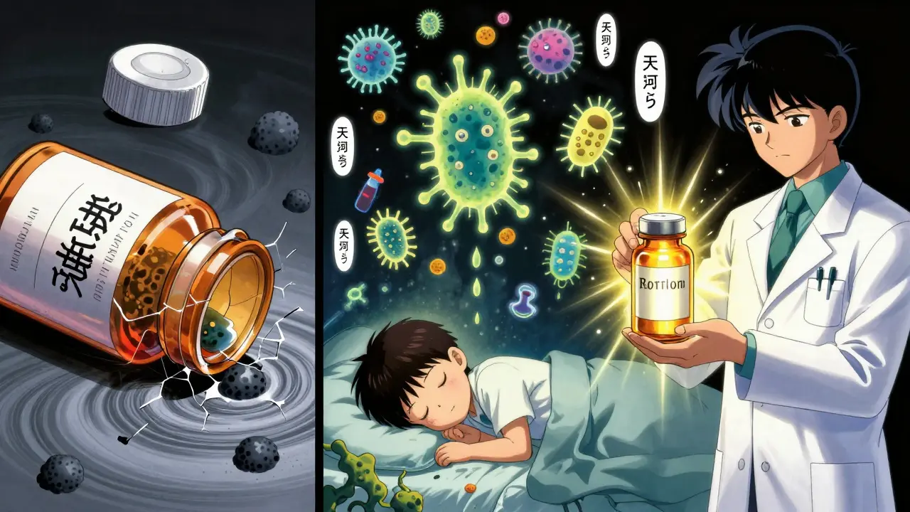 Split scene of spoiled medicine versus new labeled bottle with child sleeping peacefully