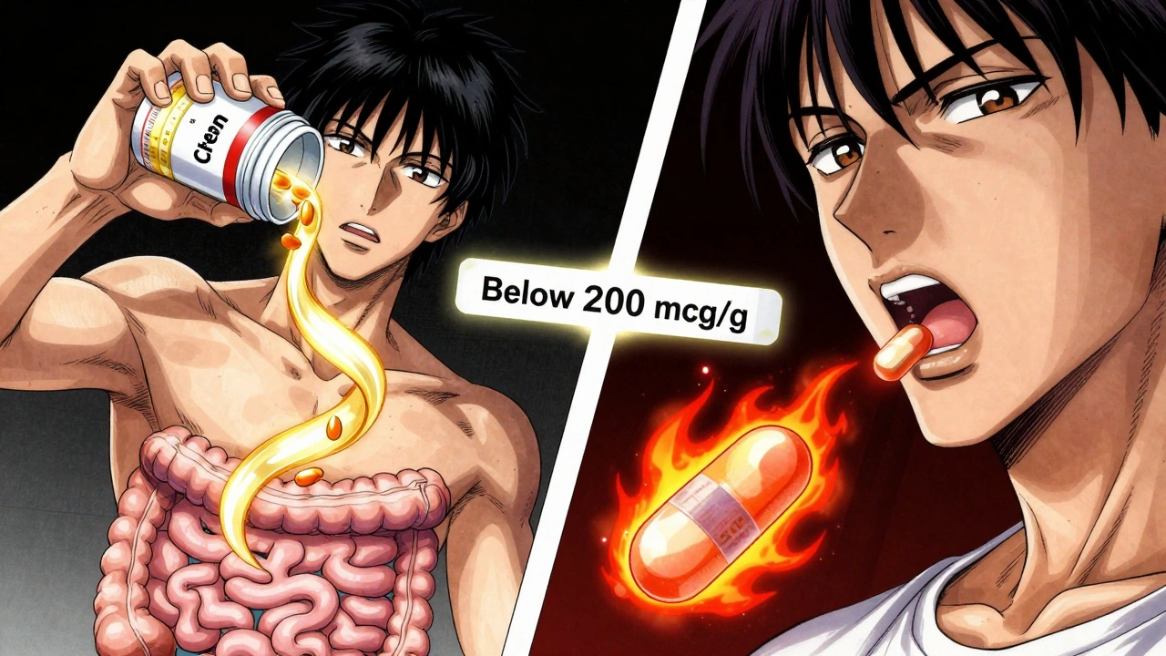 Split scene: prescription enzyme activating successfully vs. OTC enzyme destroyed by stomach acid.