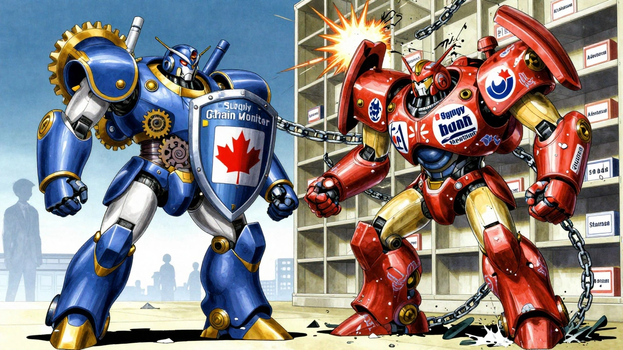 Symbolic battle between a supply-chain guardian robot and a chaotic insurance mech amid drug shortages