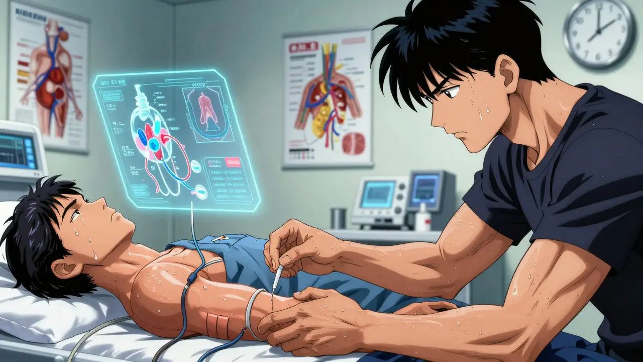 Training session with patient inserting needle, partner watching closely, holographic blood flow diagrams around them.