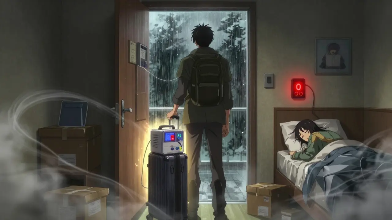 Traveler with portable dialysis machine in hotel room, alarm flashing, care partner asleep on bed.