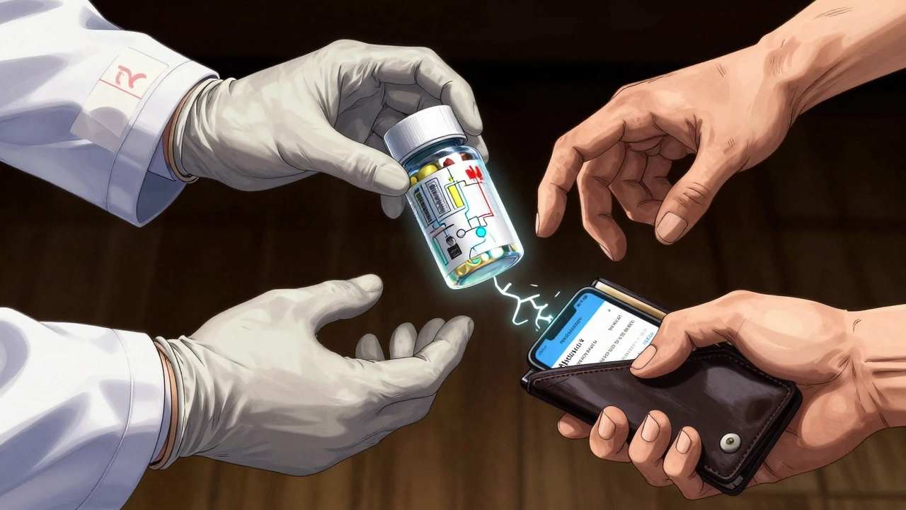 Two hands reaching for a generic drug bottle, revealing contrasting supply chain systems inside