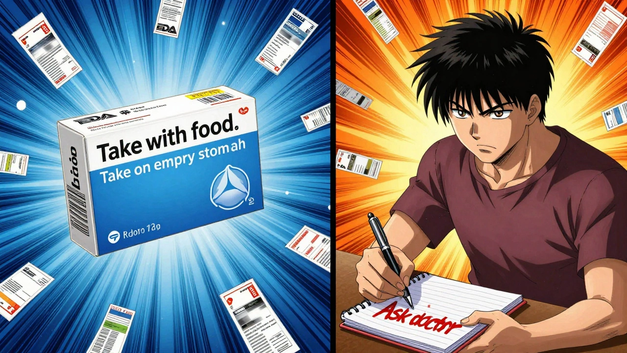 Two medication boxes with conflicting instructions are held by a patient who is writing a question to their doctor.