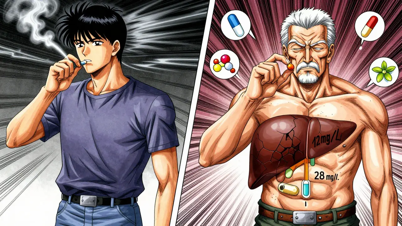 Two patients with identical doses but vastly different theophylline metabolism, shown in dynamic manga-style split panel.