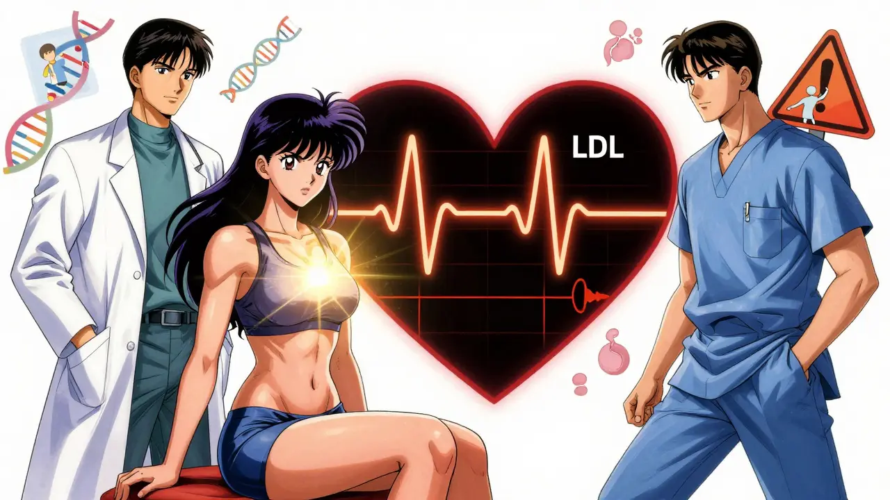 Woman consulting doctors with a heart monitor showing maternal and fetal health data, dramatic anime lighting and floating DNA chains.