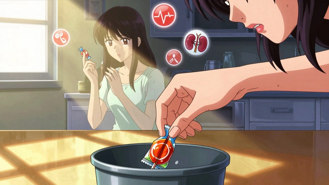 Woman discarding licorice candy as ghostly medical symbols float behind her, symbolizing recovery from drug-induced hypertension.