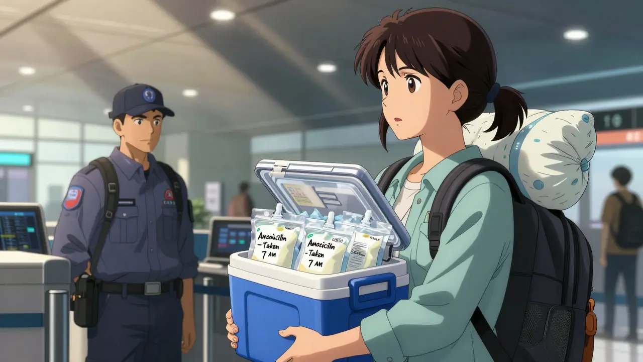 Woman traveling with insulated cooler of labeled breast milk at airport