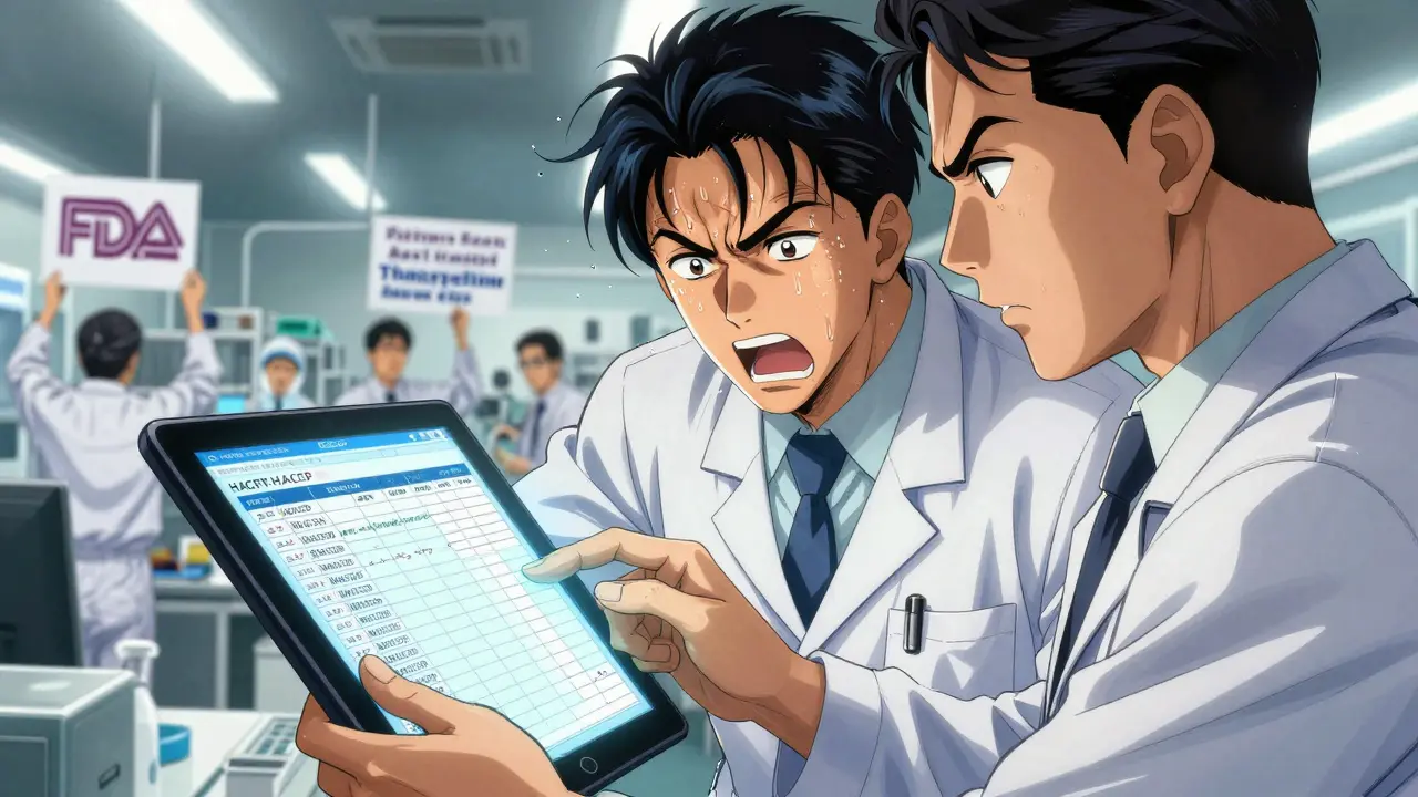 A bilingual manager shows digital sanitation logs to an FDA inspector under bright fluorescent lights.