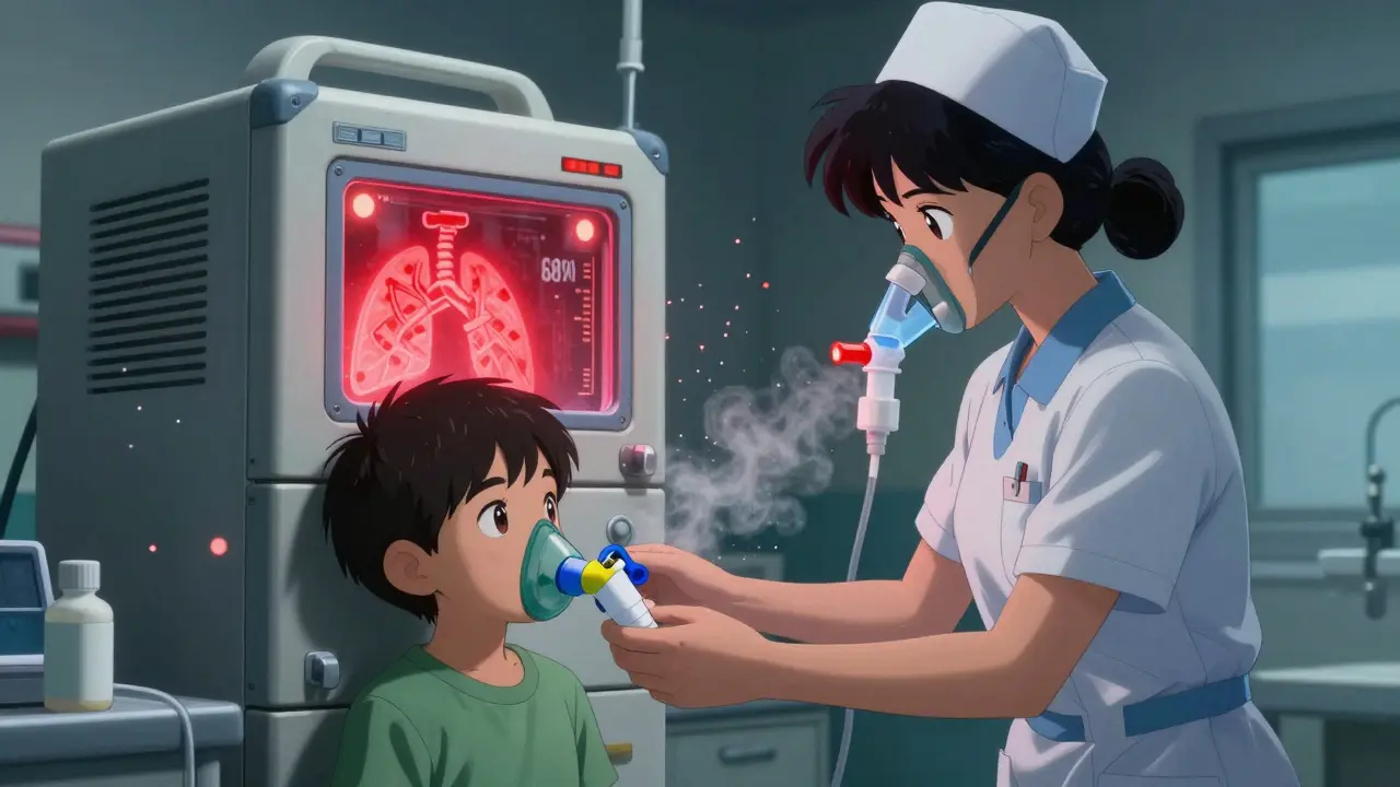 A child using a spacer inhaler in a hospital, contrasting with an outdated nebulizer glowing red.