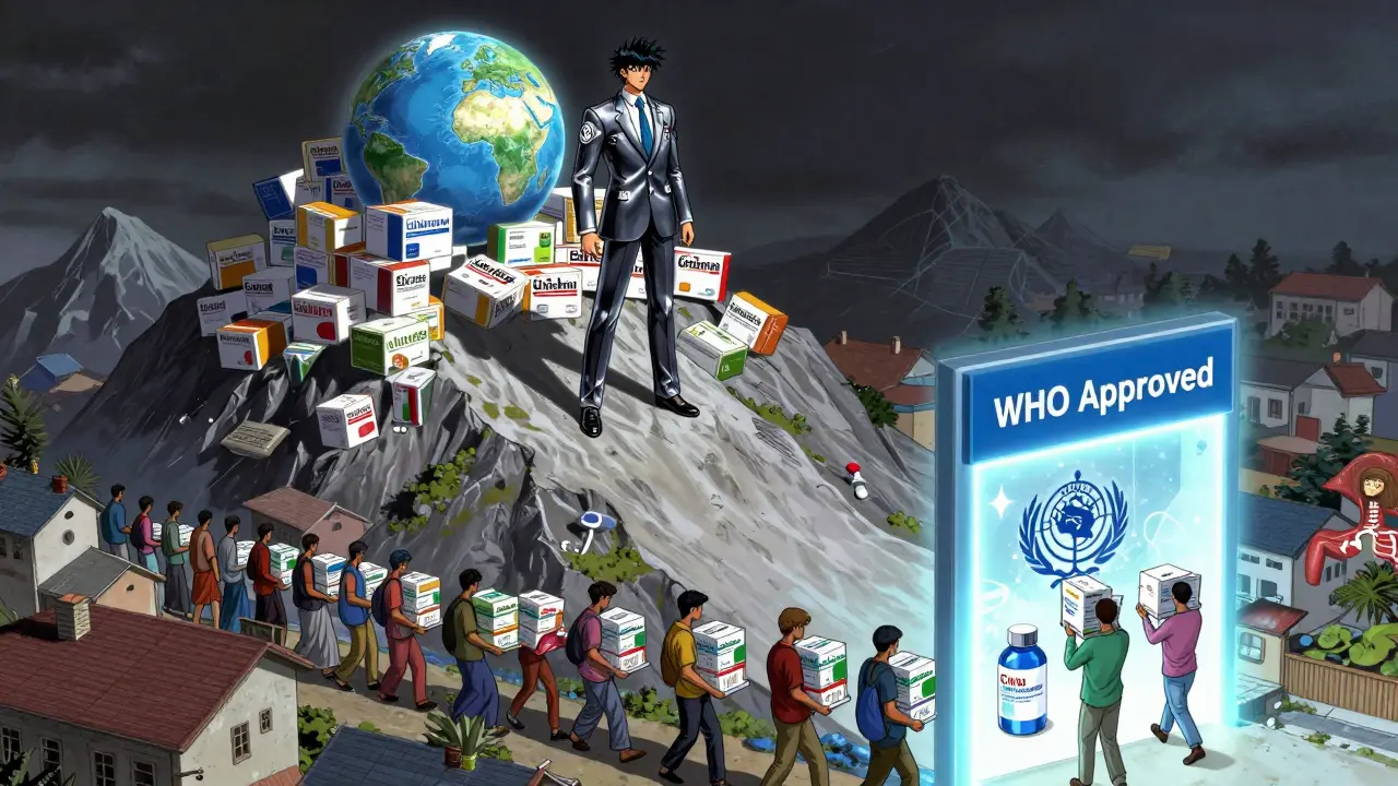 A corporate executive looms over a village as generic medicine flows from glowing portals to those in need.