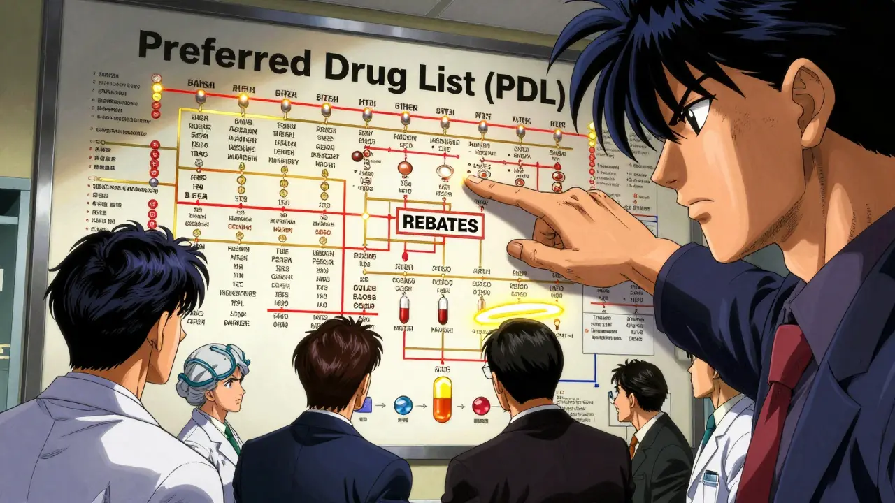 A detailed flowchart of a state's Preferred Drug List with doctors and rebates influencing drug tiers.