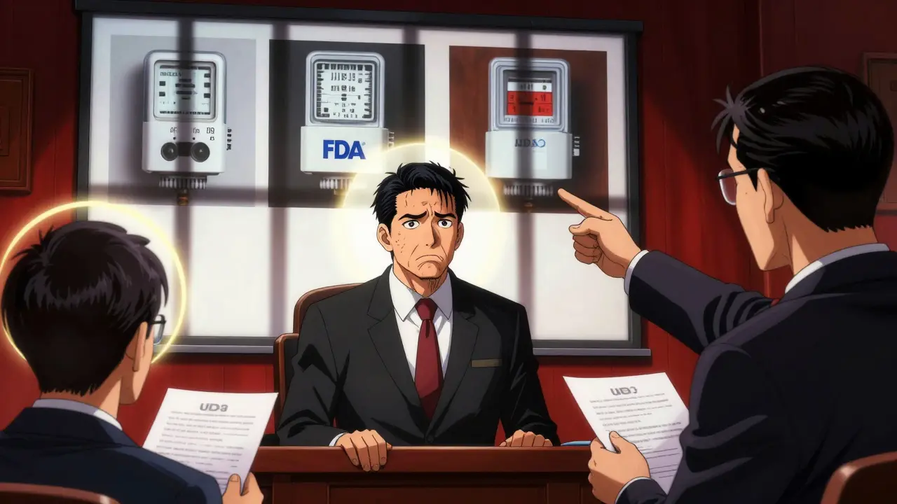 A factory owner faces federal charges as FDA evidence is projected in a U.S. courtroom.