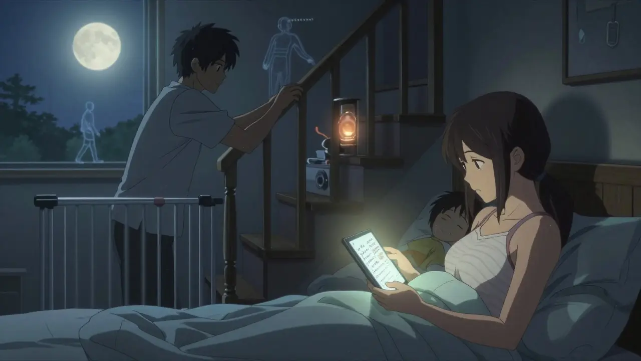 A family prepares for sleep safety at night, with faint ghostly outlines of past episodes fading in the background.