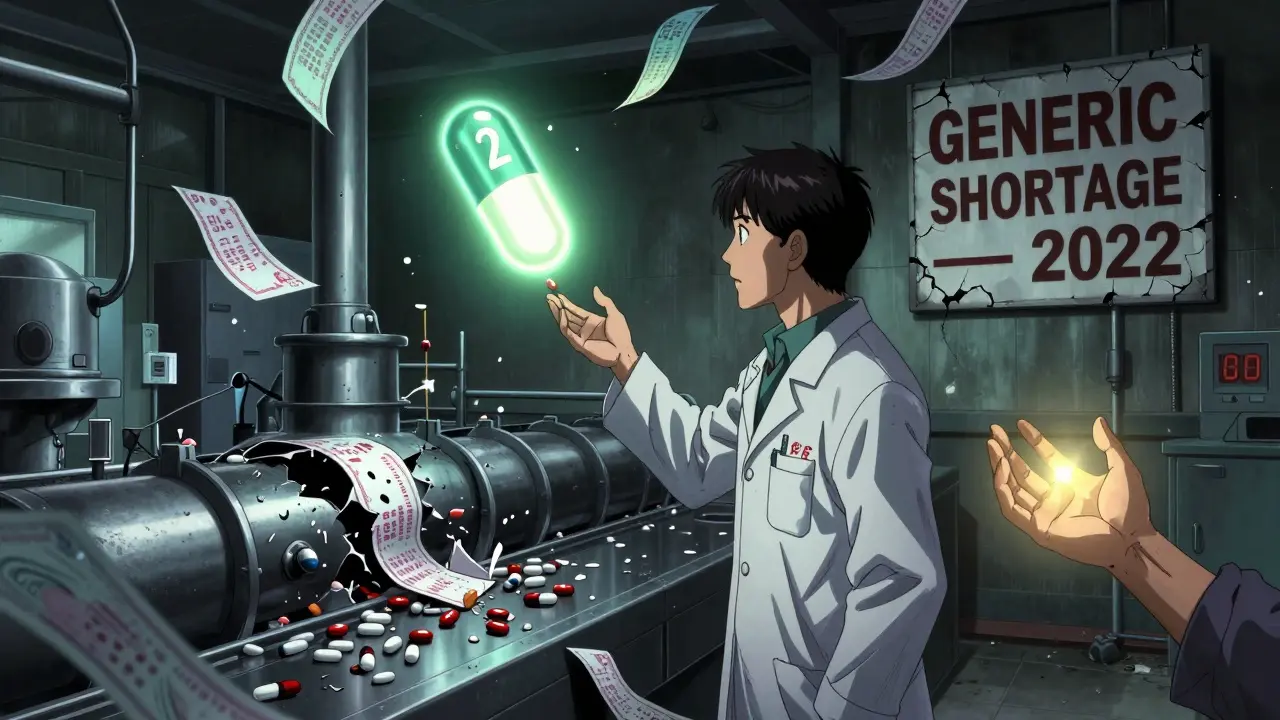 A generic drug manufacturer worker facing a collapsing production line as  pills glow in the distance.