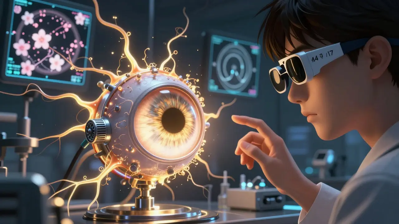 A glowing iStent device in an eye, with regenerating nerve fibers and AI holograms surrounding it.