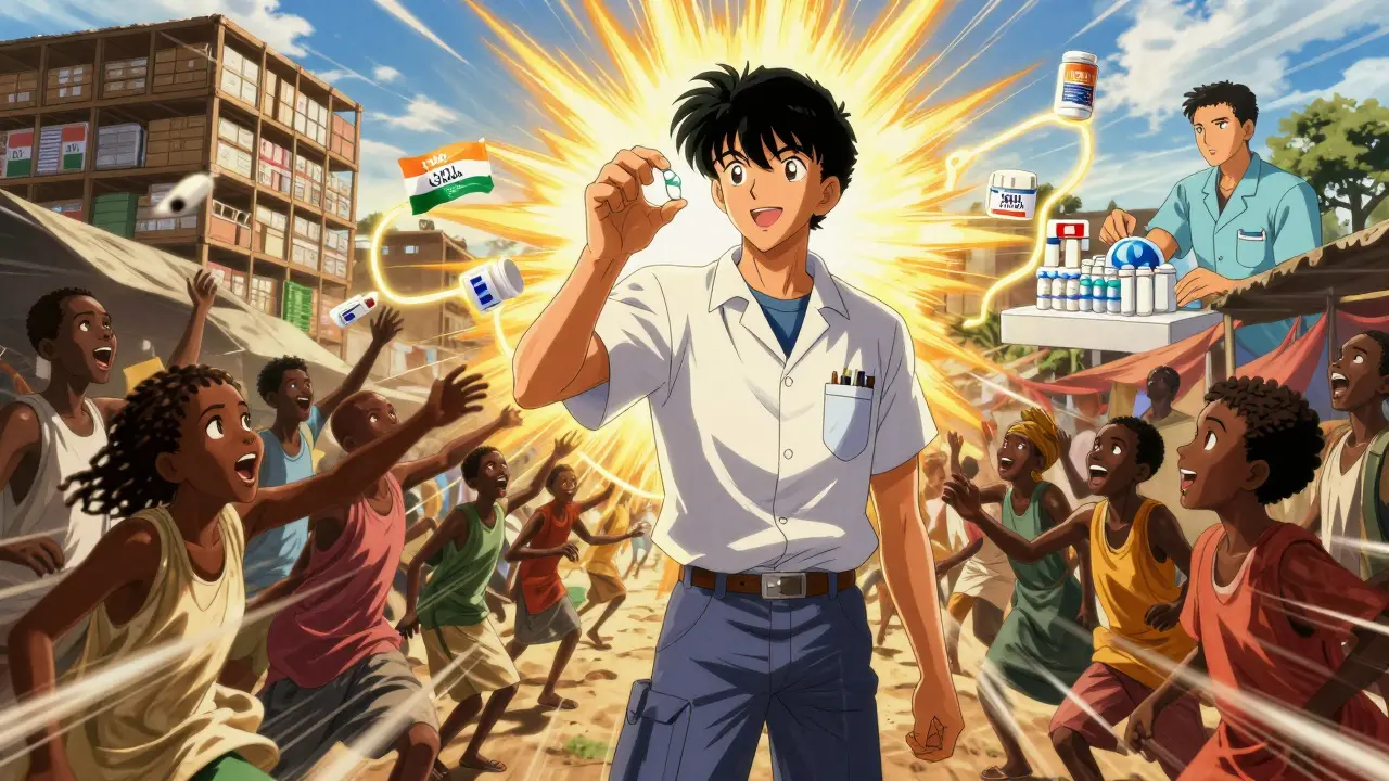 A health worker reveals a generic pill in a marketplace, villagers reaching out as supply chains glow behind them.