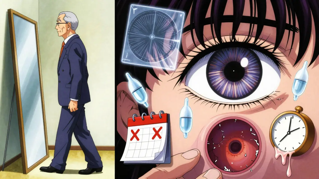 A man unaware as spectral scans show his optic nerve thinning, with missed eye drop doses floating nearby.